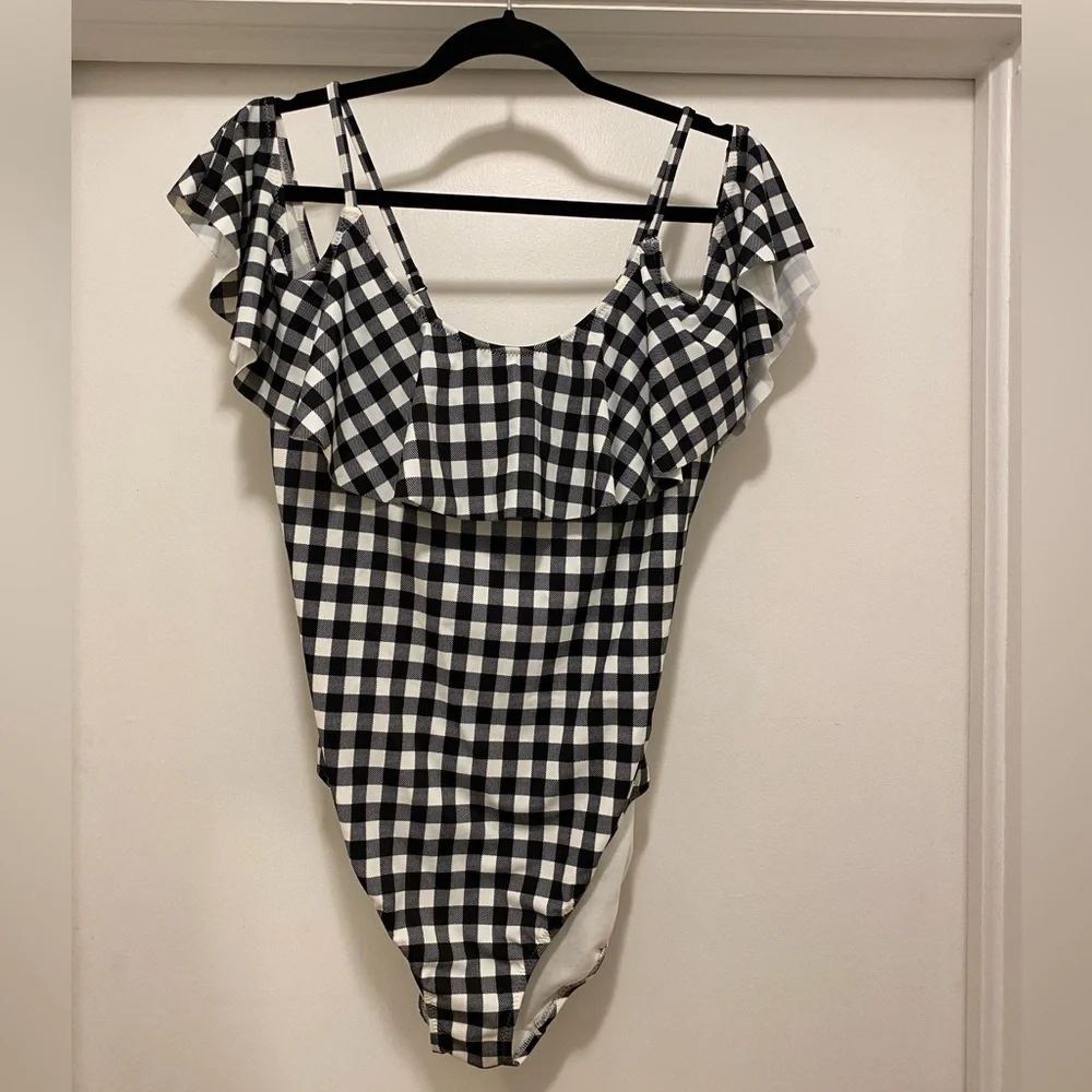 Adore Me Black & White Checkered Gingham One Piece Ruffle Off Shoulder Swimsuit